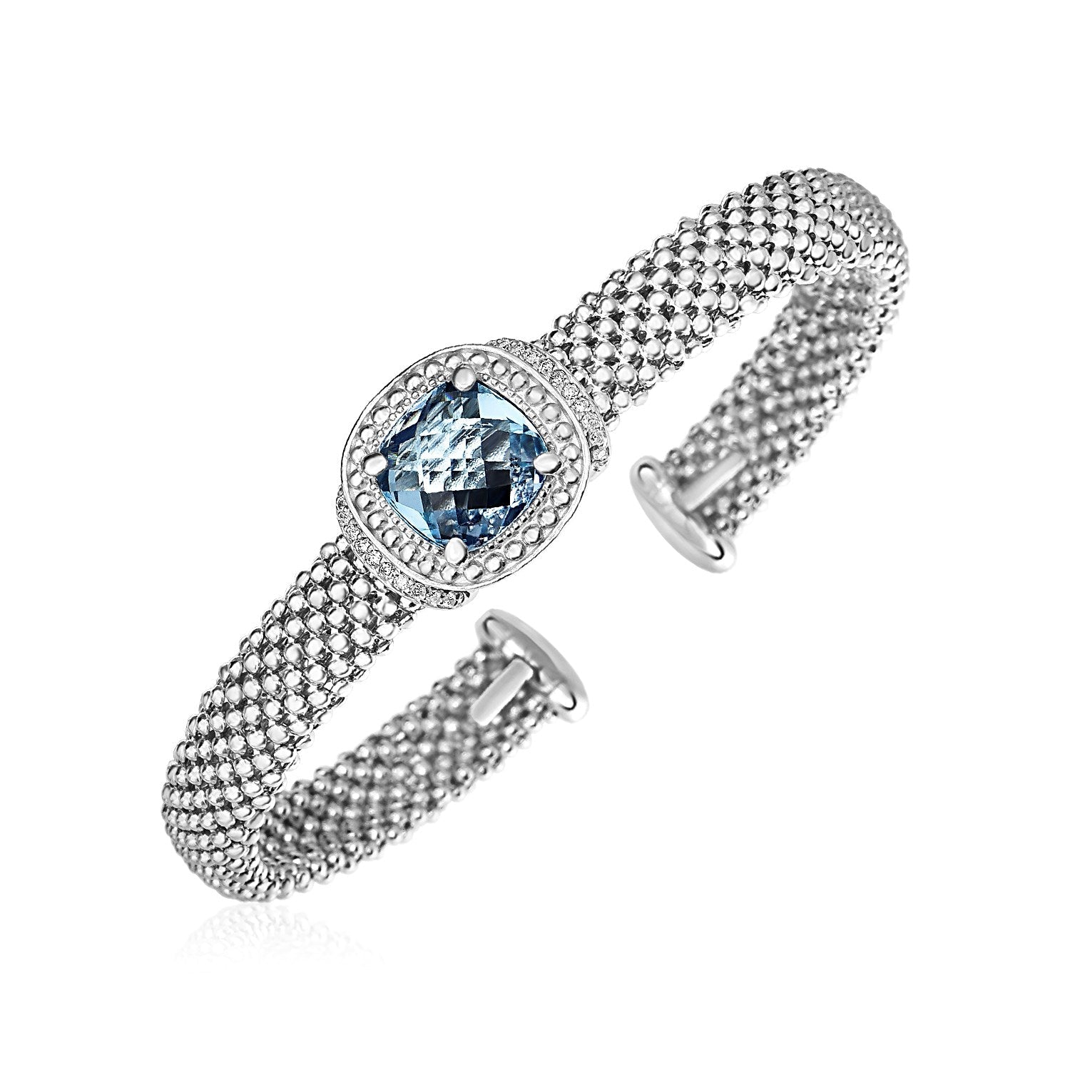 Popcorn Texture Cuff Bangle with Blue Topaz and Diamonds in Sterling Silver (8.00 mm) - DestGlow