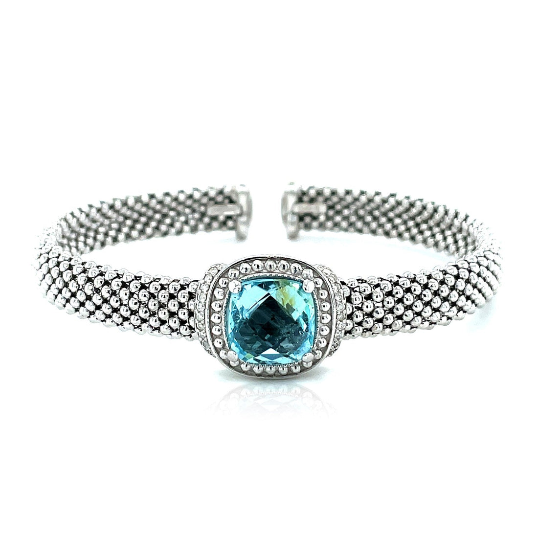 Popcorn Texture Cuff Bangle with Blue Topaz and Diamonds in Sterling Silver (8.00 mm) - DestGlow