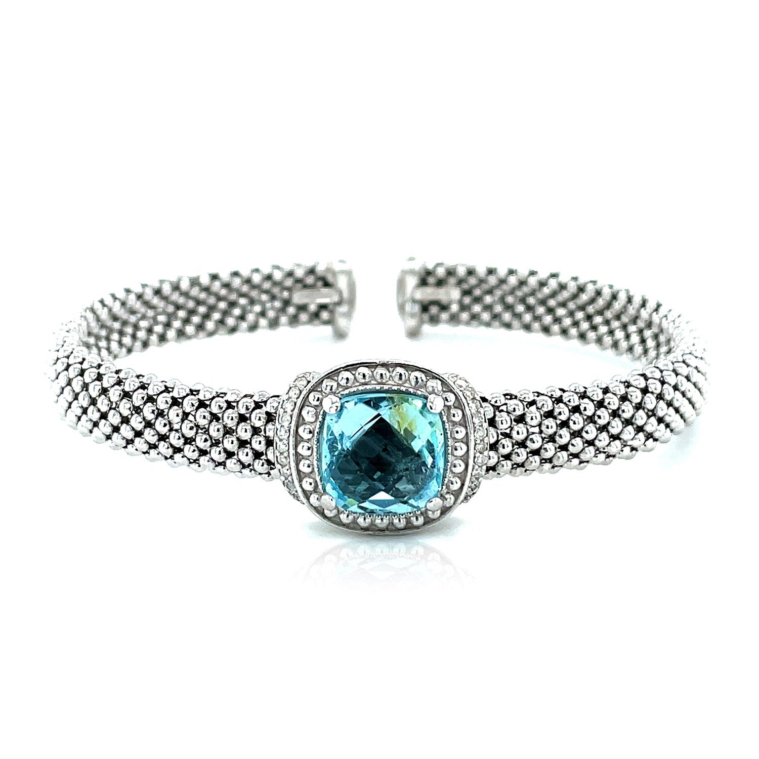 Popcorn Texture Cuff Bangle with Blue Topaz and Diamonds in Sterling Silver (8.00 mm) - DestGlow