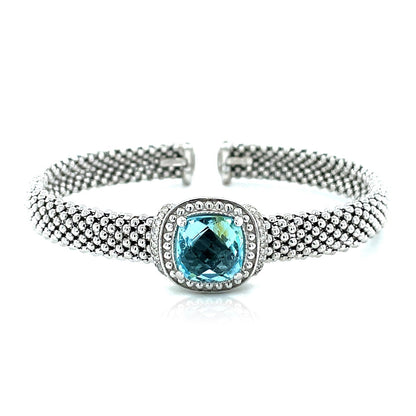 Popcorn Texture Cuff Bangle with Blue Topaz and Diamonds in Sterling Silver (8.00 mm) - DestGlow