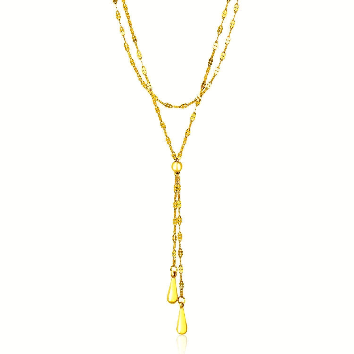 14k Yellow Gold Double Strand Chain with Puffed Heart Lariat Necklace  DestGlow