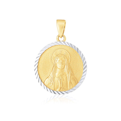 14k Two Tone Gold Round Textured Religious Medal Pendant 