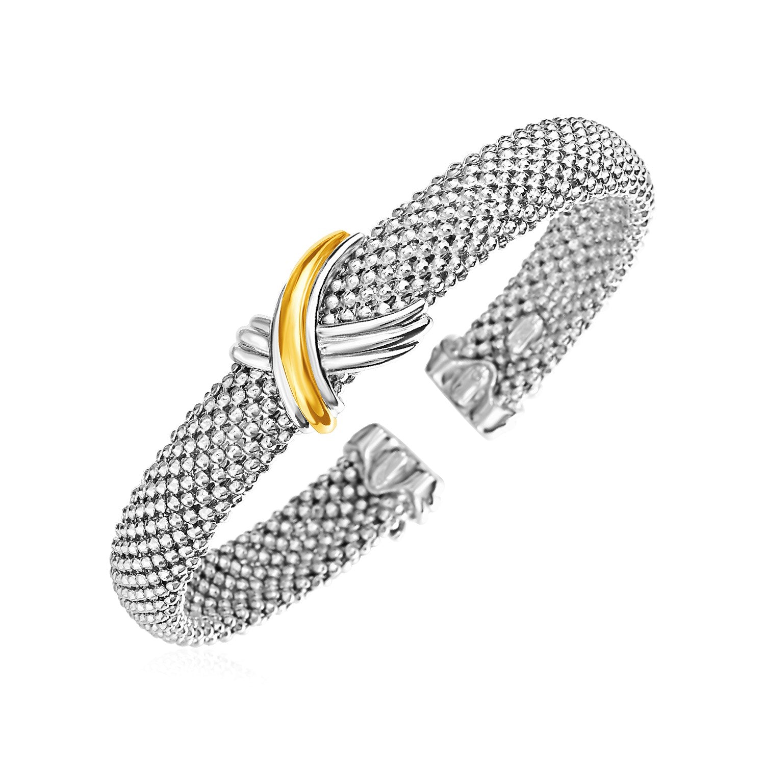 Popcorn Texture Cuff Bangle with X Motif in Sterling Silver and 18k Yellow Gold by Bids.com