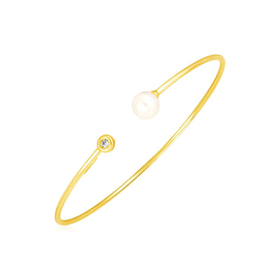 14k Yellow Gold Cuff Bangle with Pearl and Diamond - bracelets