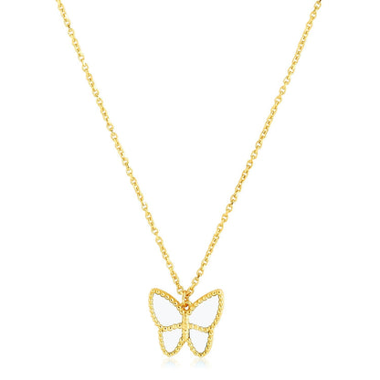 14k Yellow Gold High Polish Butterfly Peral Paste Necklace 
