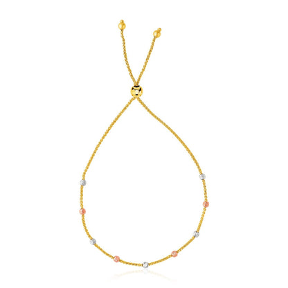 14k Tri-Color Gold Textured Bead Station Lariat Bracelet 