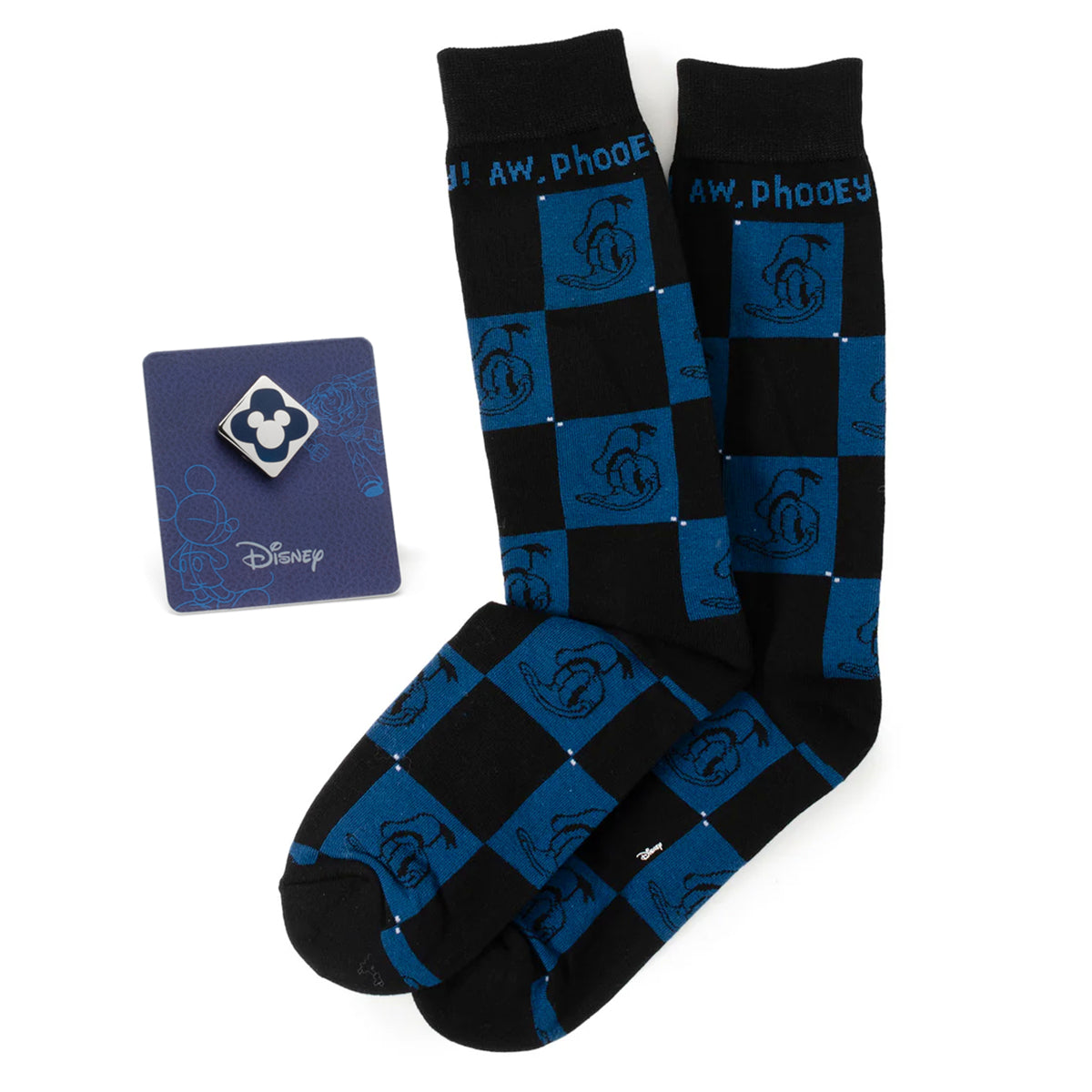 Disney Donald Duck Black Dress Socks &amp; Blue Mickey Mouse Lapel Pin Gift Set