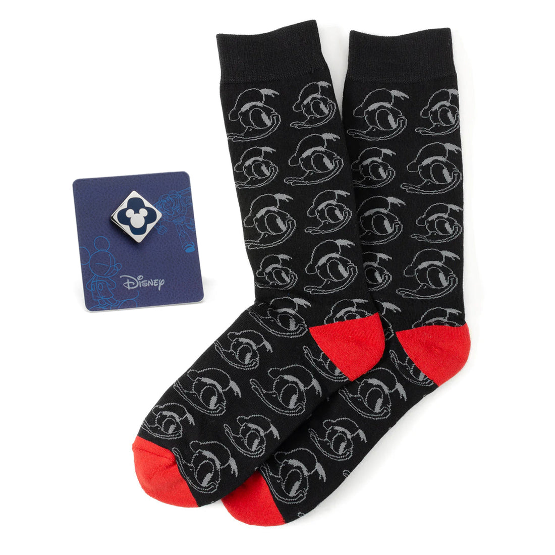 Disney Donald Duck Patterned Black Socks and Mickey Mouse Blue Lapel Pin Gift Set