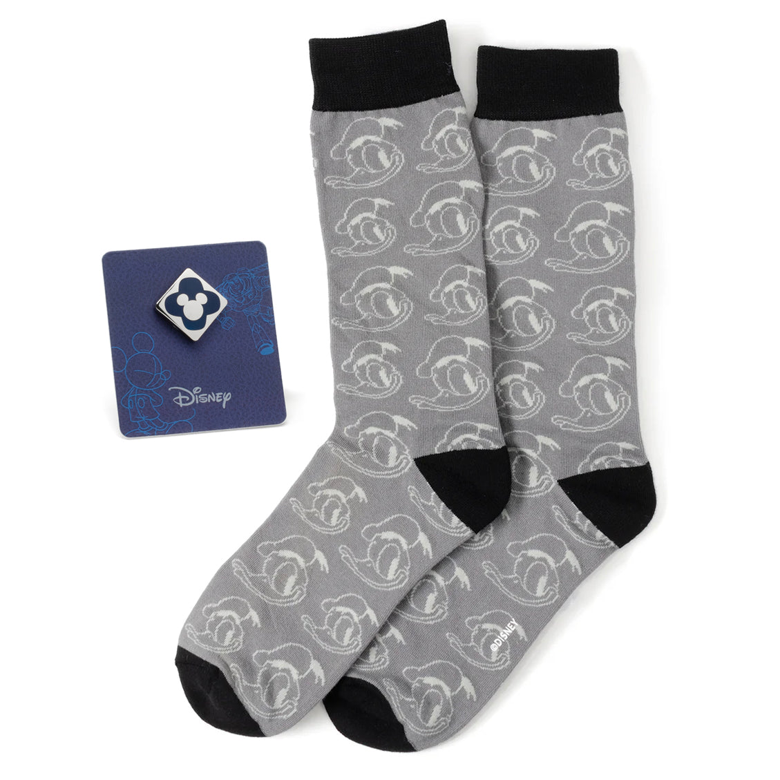 Disney Donald Duck Patterned Gray Socks and Mickey Mouse Blue Lapel Pin Gift Set by Cufflinks.com