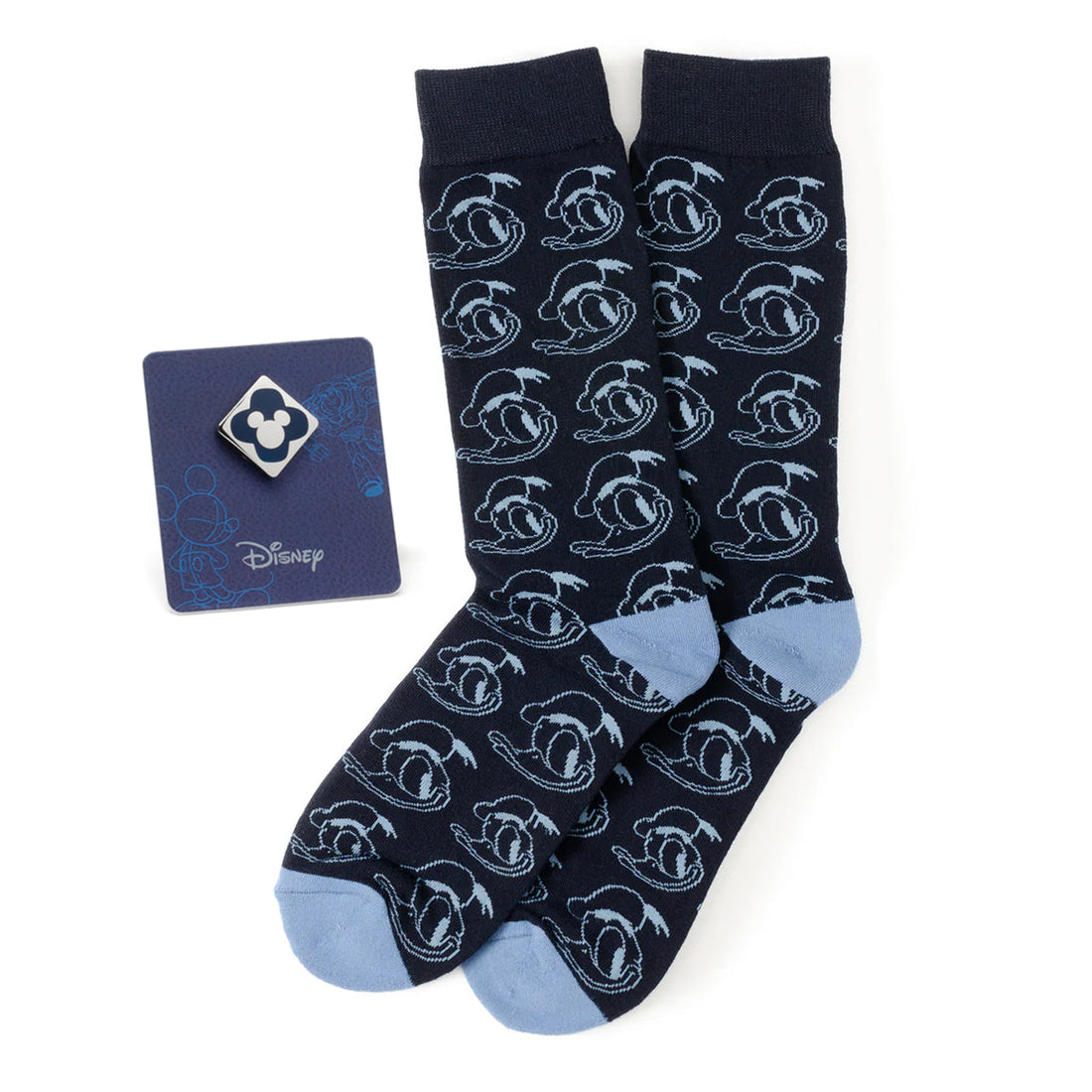 Disney Donald Duck Patterned Blue Socks and Mickey Mouse Blue Lapel Pin Gift Set by Cufflinks.com