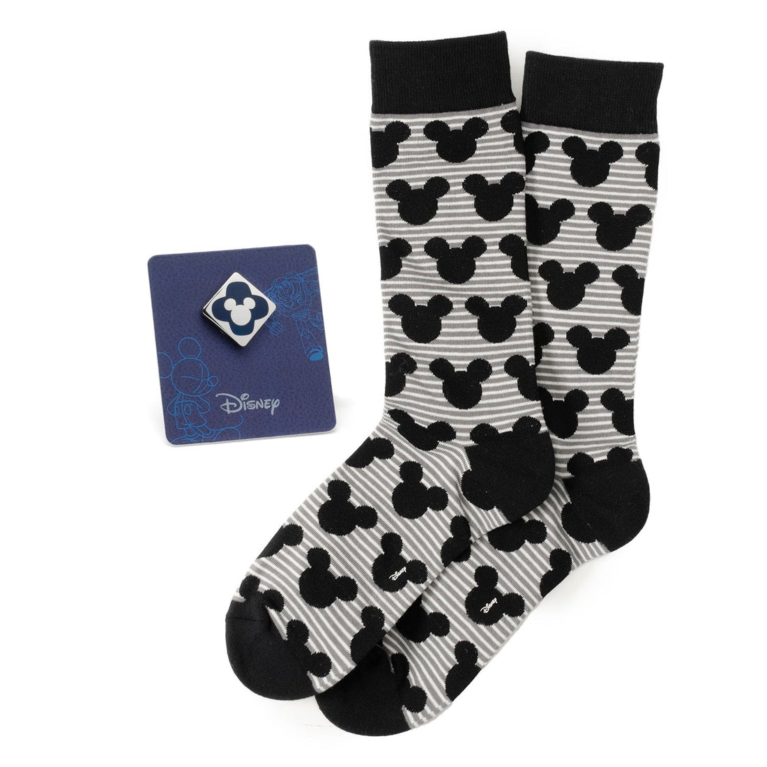 Disney Mickey Mouse Stripe Gray Sock and Mickey Blue Lapel Pin Gift Set by Cufflinks.com