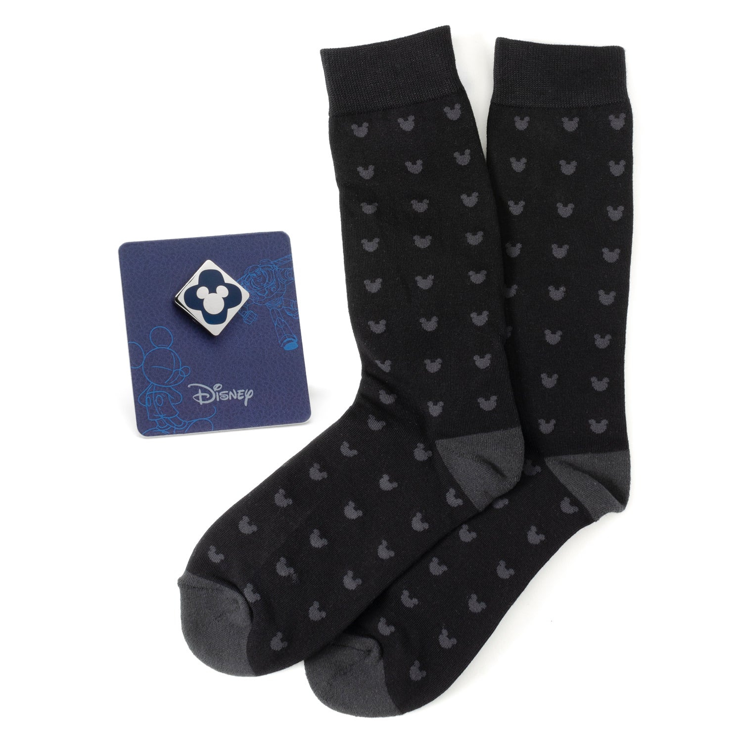 Disney Mickey Mouse Silhouette Motif Black Sock and Mickey Blue Lapel Pin Gift Set by Cufflinks.com
