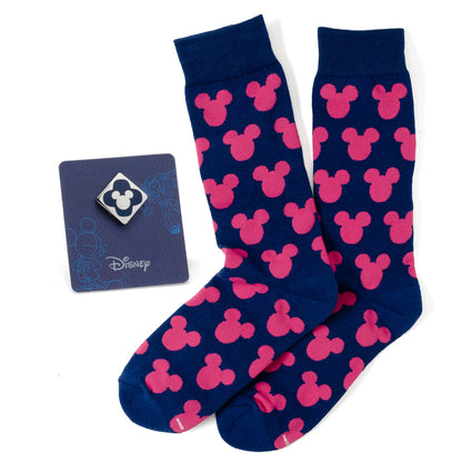 Disney Mickey Mouse Silhouette Pink Sock and Mickey Blue Lapel Pin Gift Set by Cufflinks.com