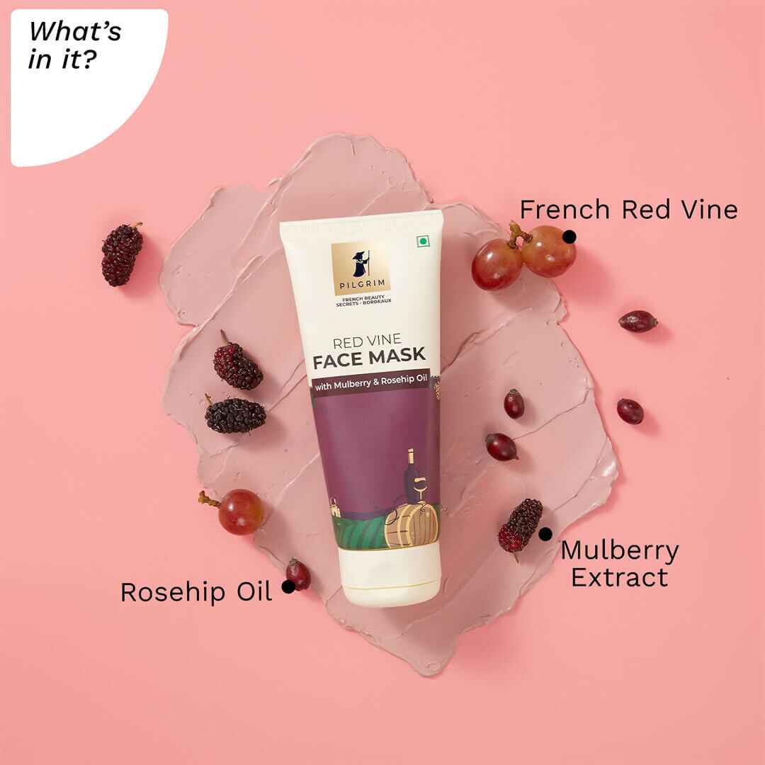 Pilgrim Anti Ageing Red Vine Face Mask with Mulberry Extracts &amp; Rosehip Oil For Glowing Skin, De-Tan, Dark Spots, Blackheads Removal