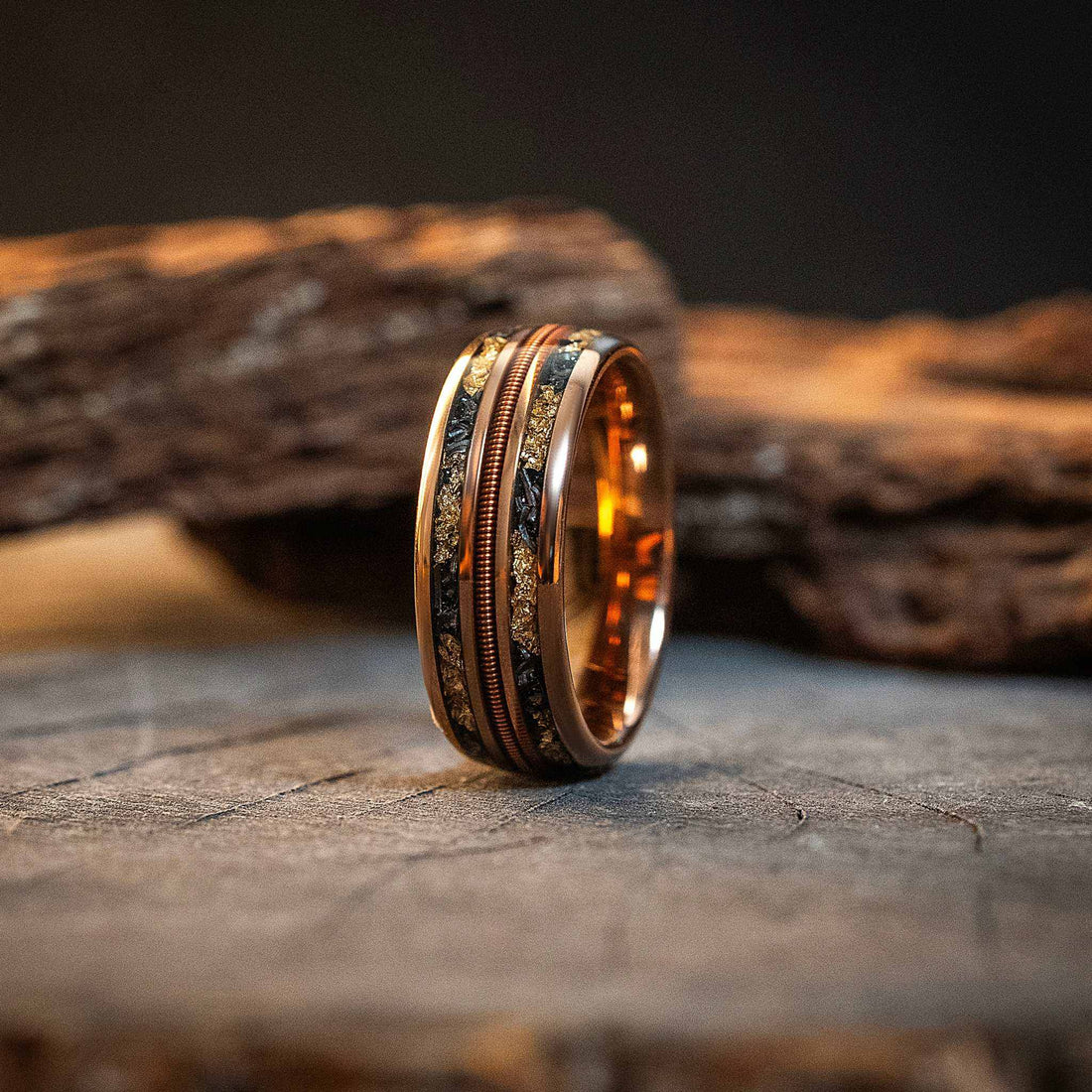Meteorite Gold Leaf Guitar String Tungsten Carbide Ring - DestGlow