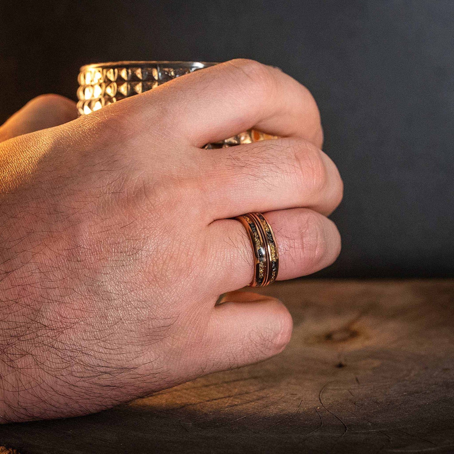 Meteorite Gold Leaf Guitar String Tungsten Carbide Ring - DestGlow