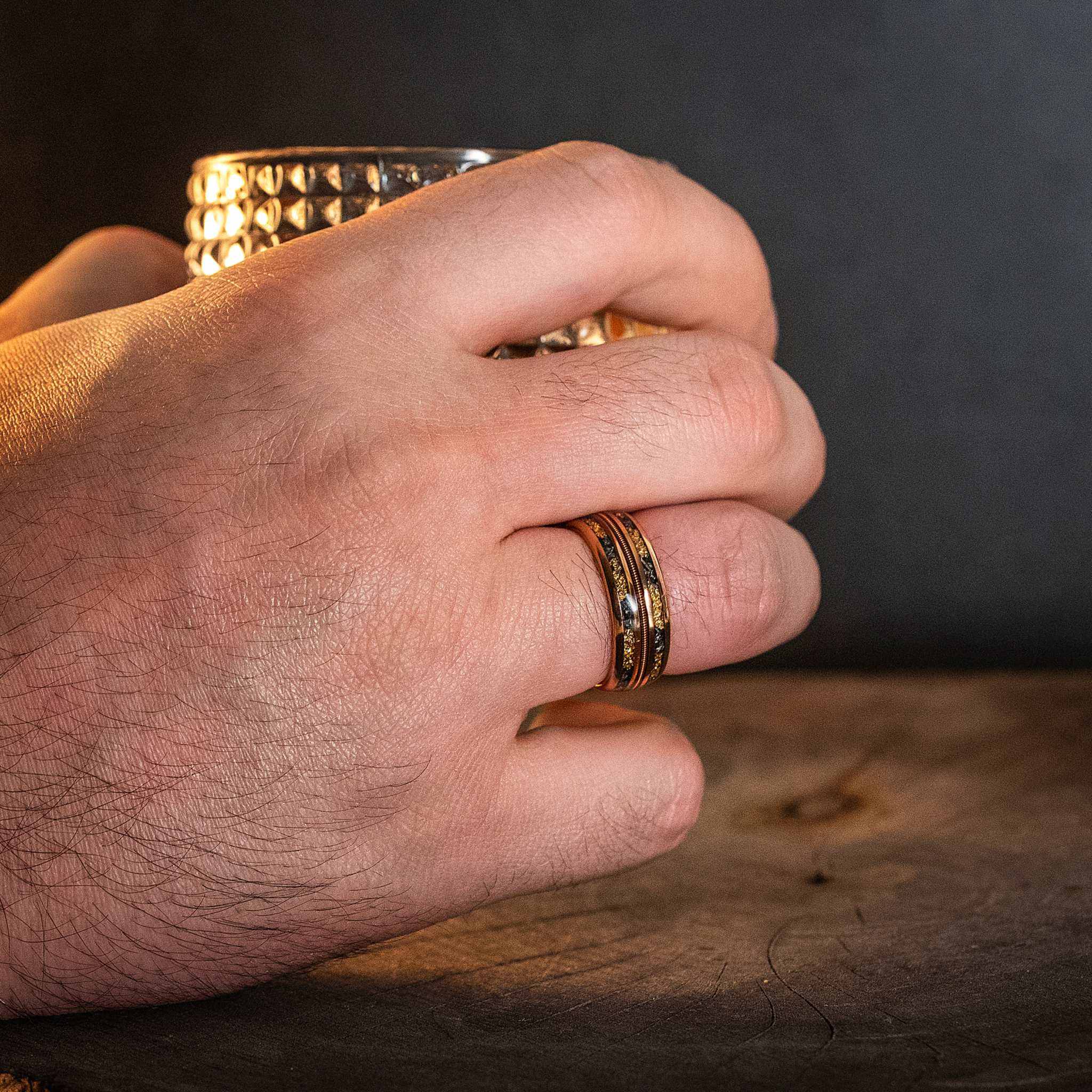 Meteorite Gold Leaf Guitar String Tungsten Carbide Ring - DestGlow