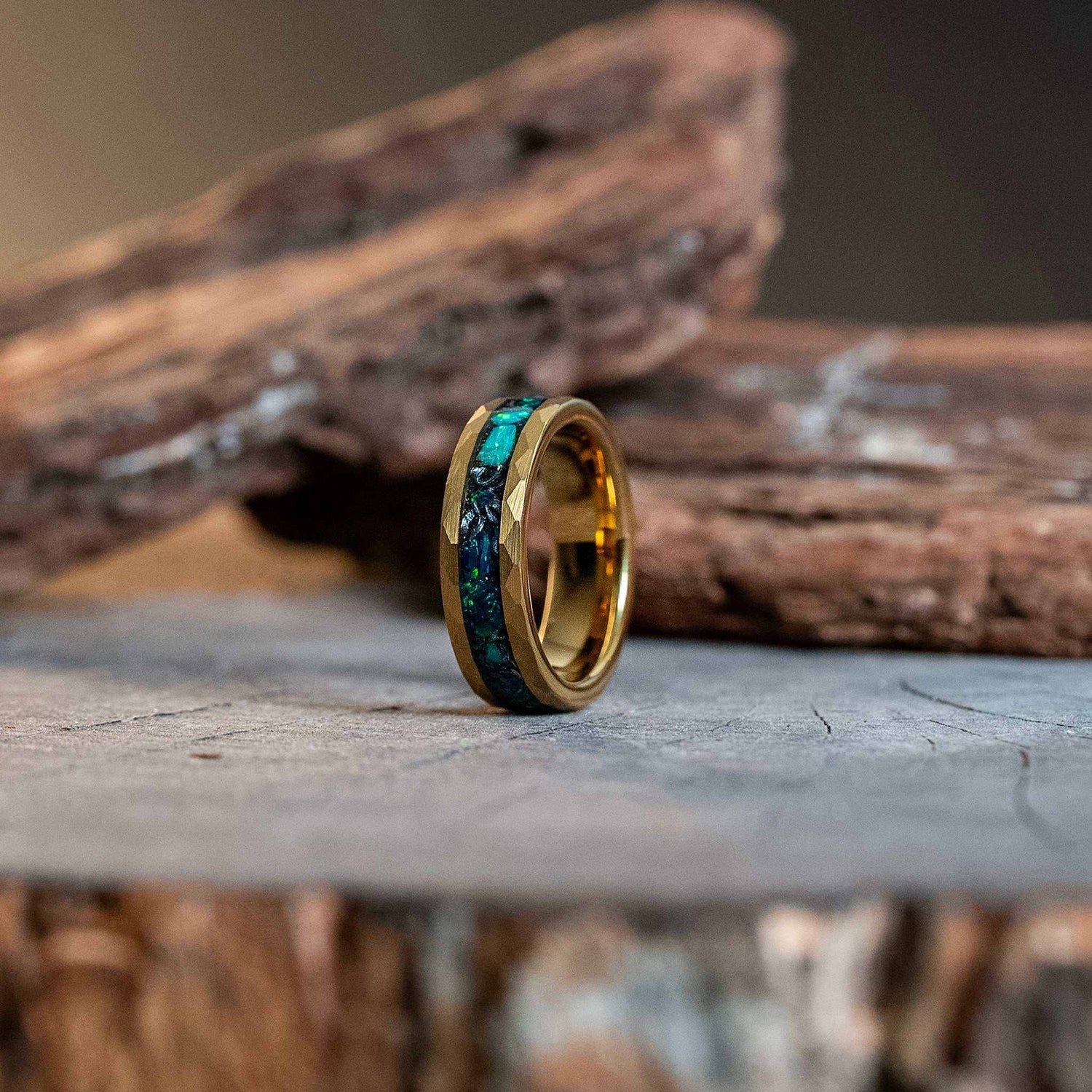 Green Opal x Meteorite Gold HammeredTungsten Carbide Ring - 6mm - DestGlow