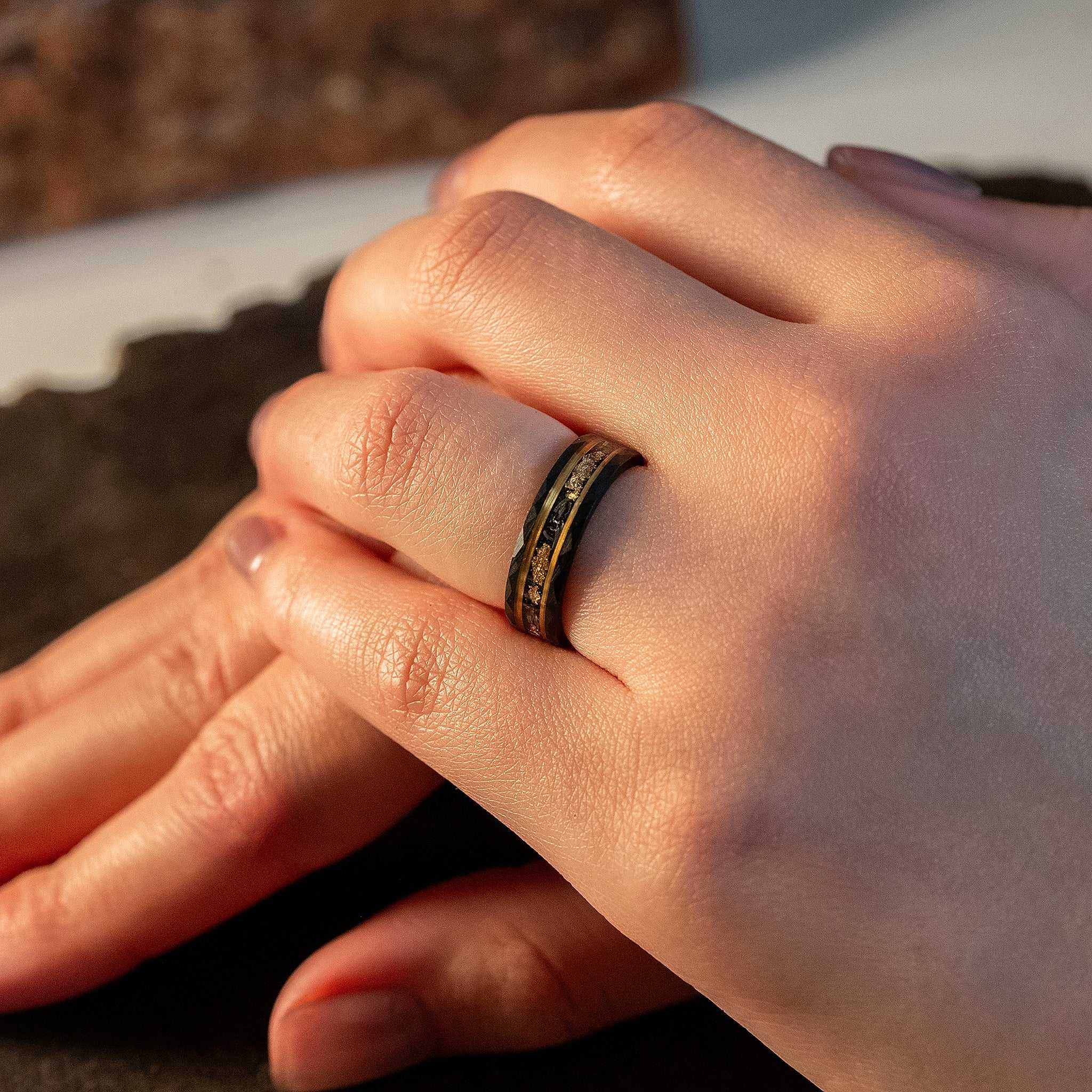 Meteorite x Gold Leaf Hammered Tungsten Carbide - 6mm