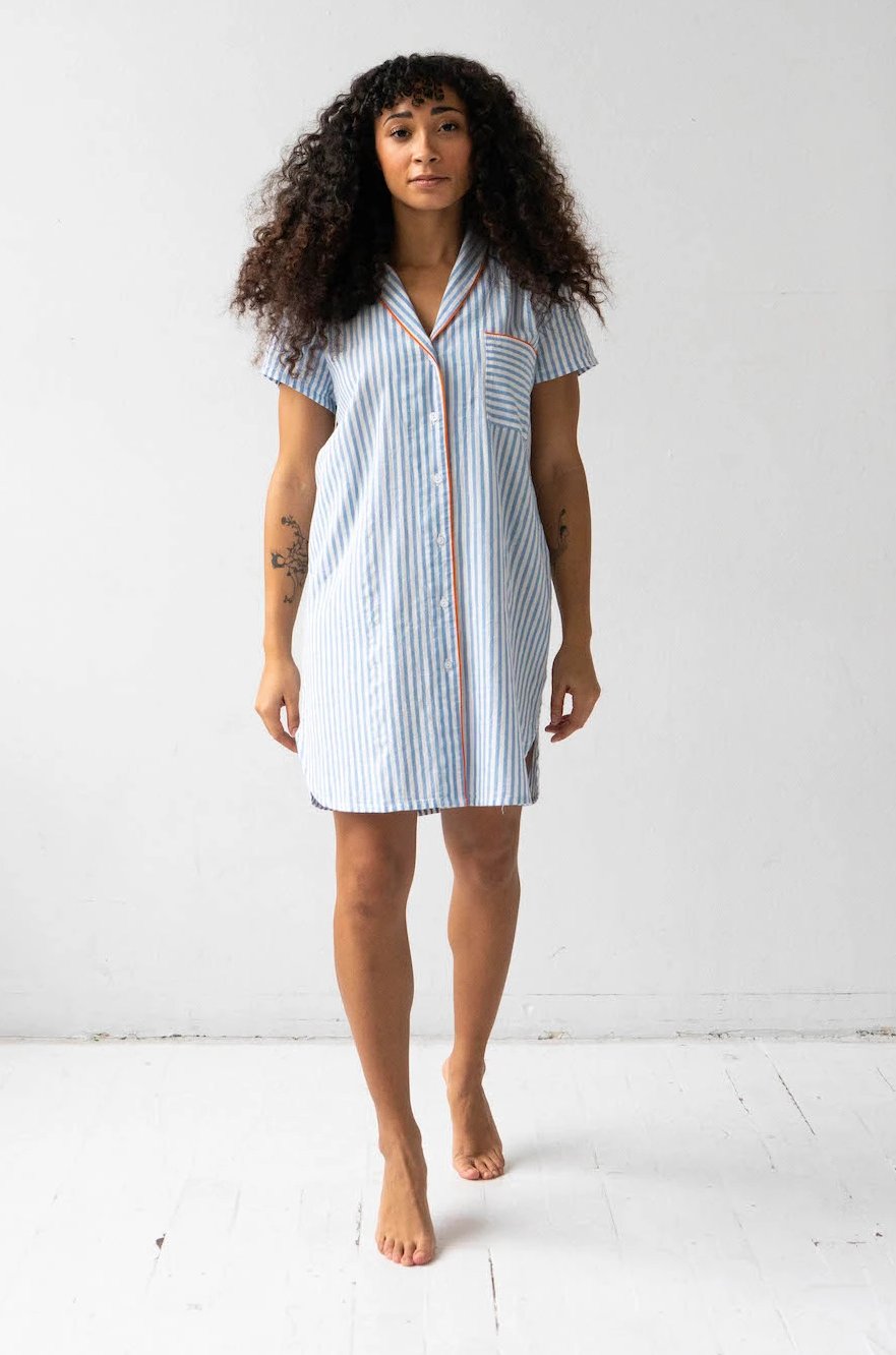Shawl Collar Striped Boyfriend Shirt - DestGlow