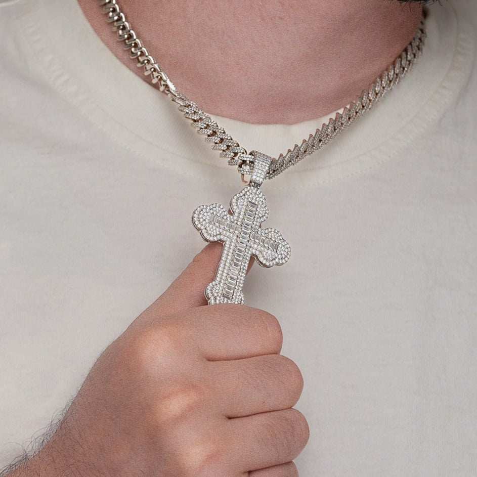 Moissanite Orthodox Cross Pendant - 925 Sterling Silver Baguette Iced Necklace - DestGlow