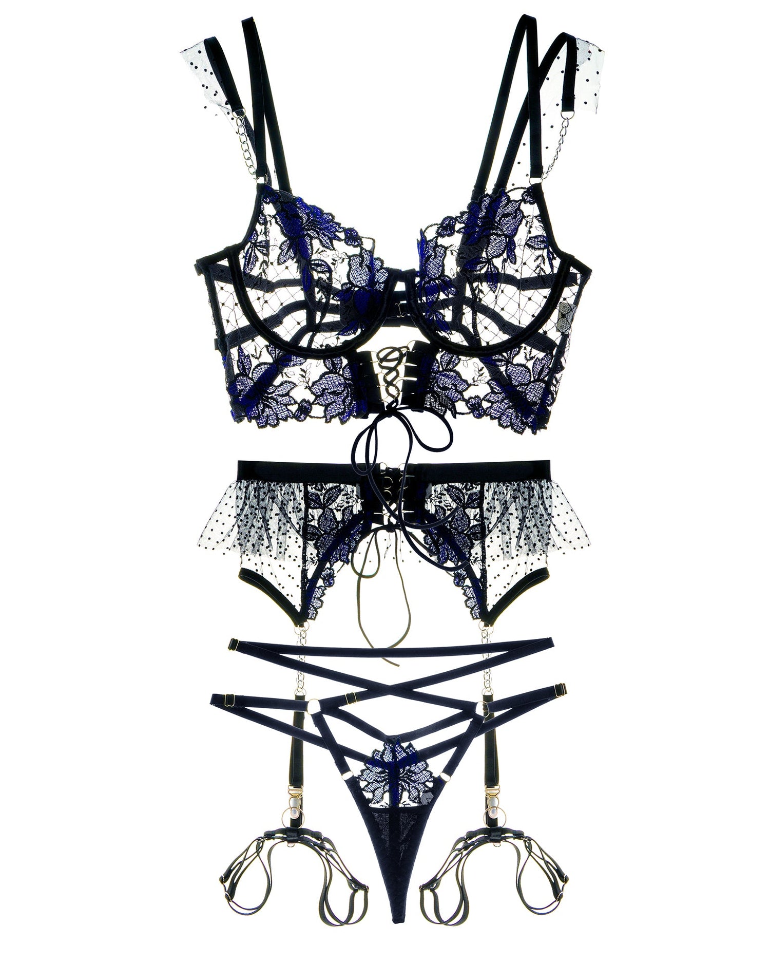 Black&amp;Blue Lace Tie Adjustable Sculpting Body Lingerie Set