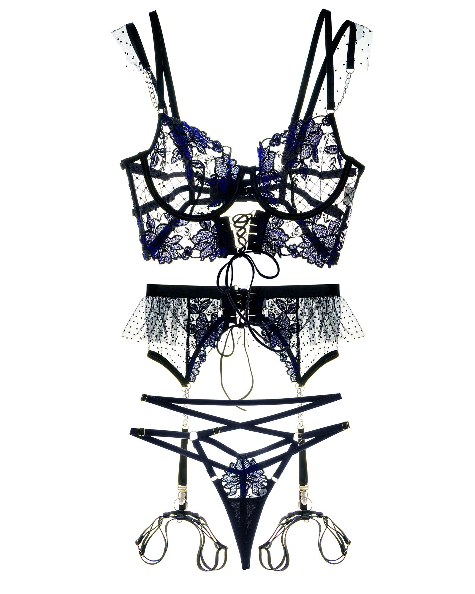 Black&amp;Blue Lace Tie Adjustable Sculpting Body Lingerie Set