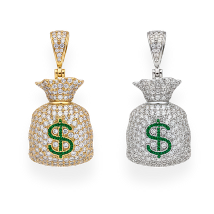 925 Silver Gold Plated Money Bag Dollar Sign Iced Pendant Emoji CZ Hip Hop
