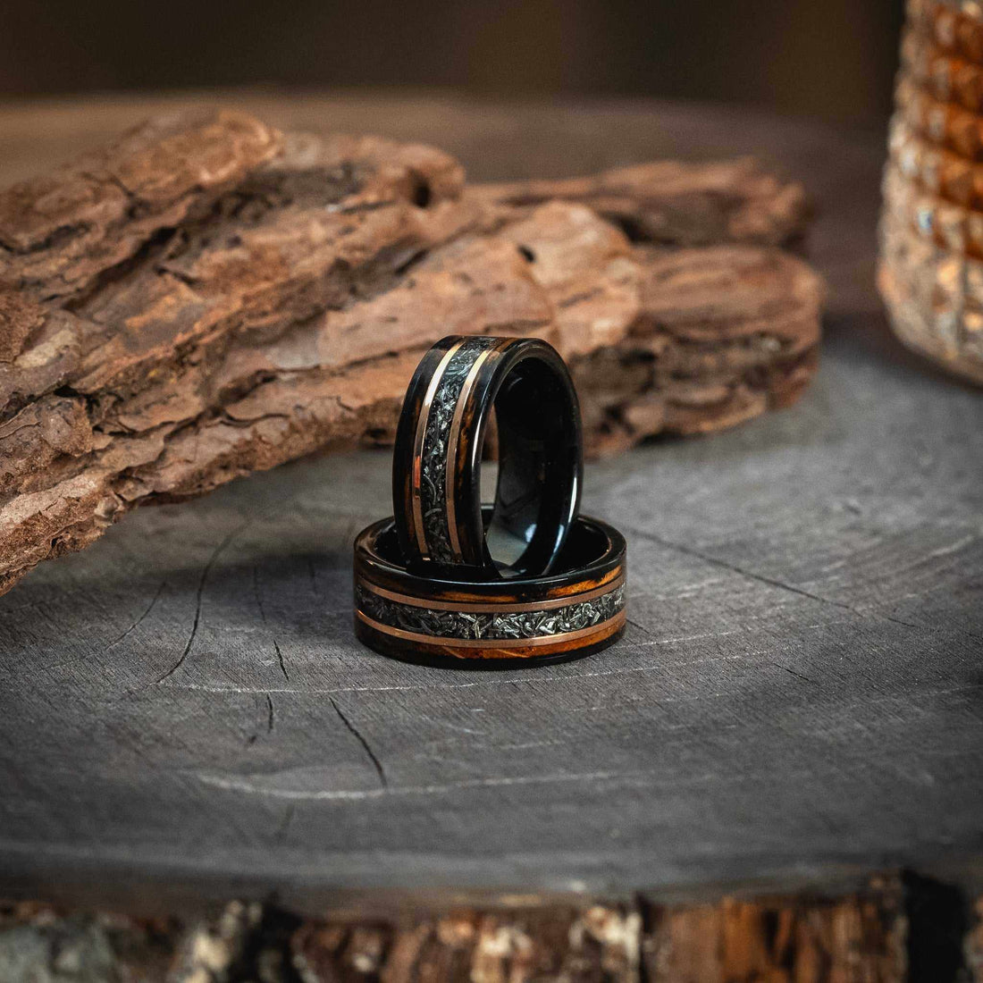 Meteorite x Burnt Whiskey Barrel Wood Black Tungsten Ring - DestGlow