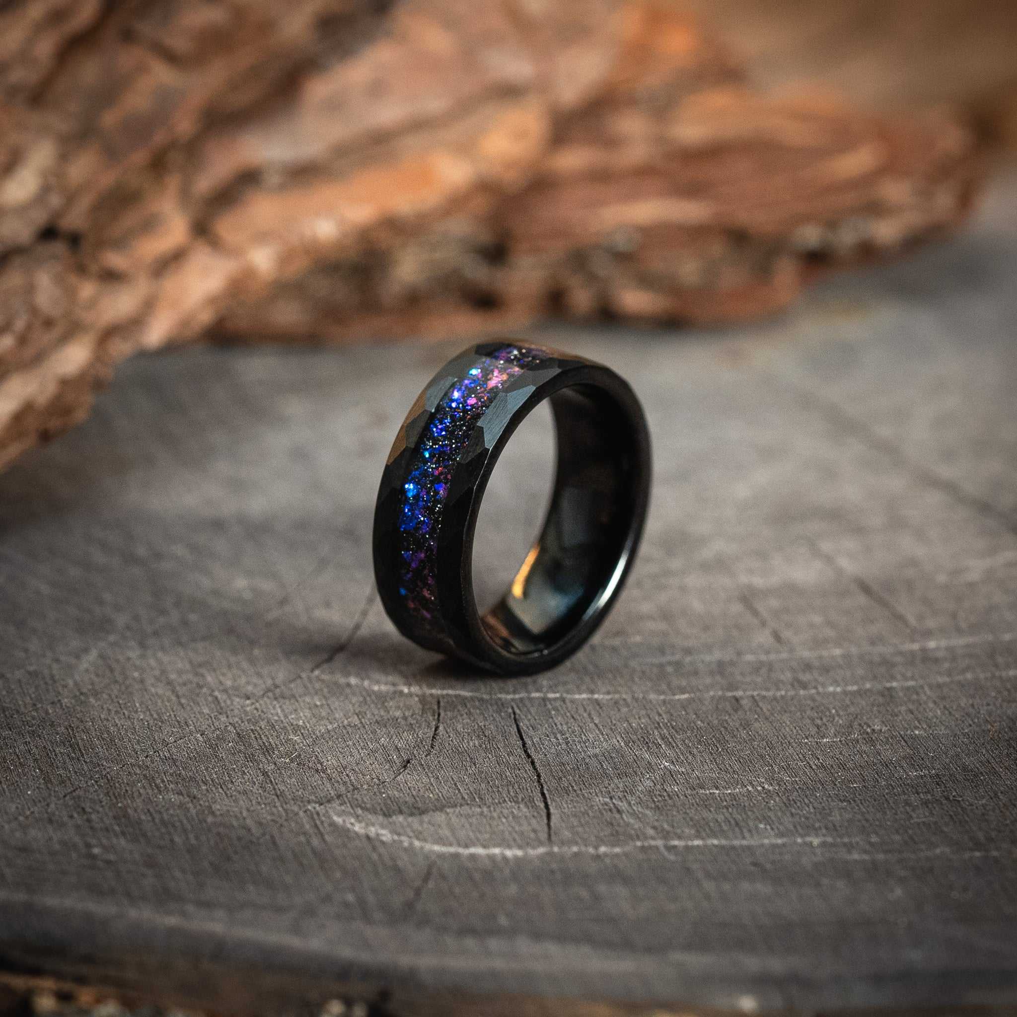 Black Hammered Nebula Meteorite Ring x Galaxy Blue Sandstone Ring - 8mm - DestGlow