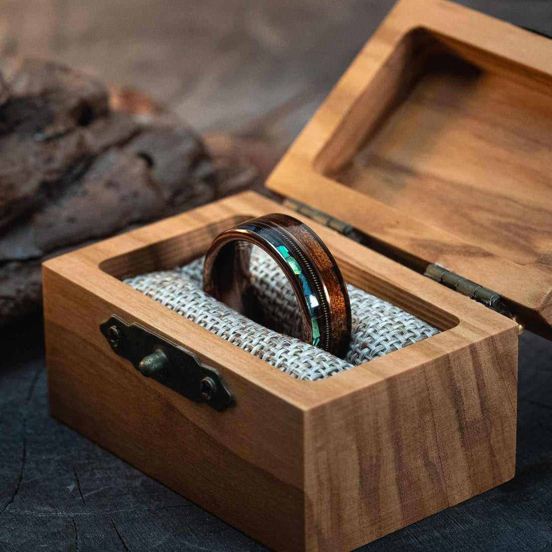 Guitar String x Abalone Shell x Hawaiian Koa Wood Rose Gold Tungsten Ring - DestGlow