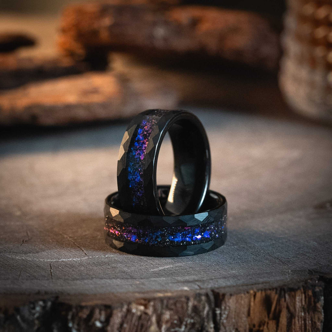 Black Hammered Nebula Meteorite Ring x Galaxy Blue Sandstone Ring - 8mm - rings