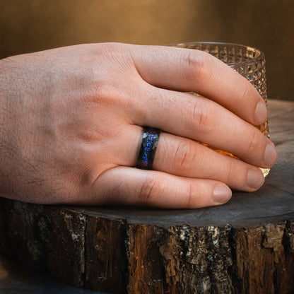 Black Hammered Nebula Meteorite Ring x Galaxy Blue Sandstone Ring - 8mm - DestGlow
