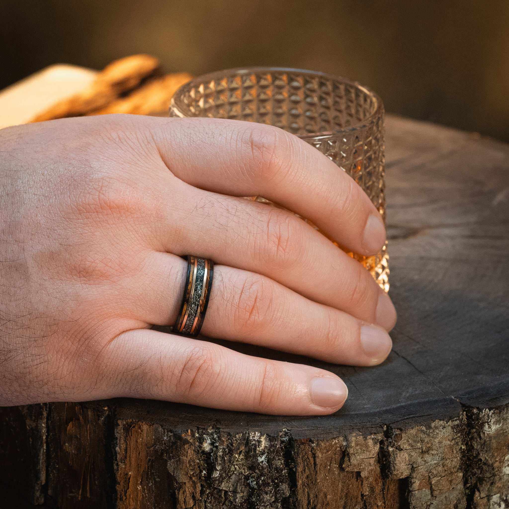 Meteorite x Burnt Whiskey Barrel Wood Black Tungsten Ring - DestGlow