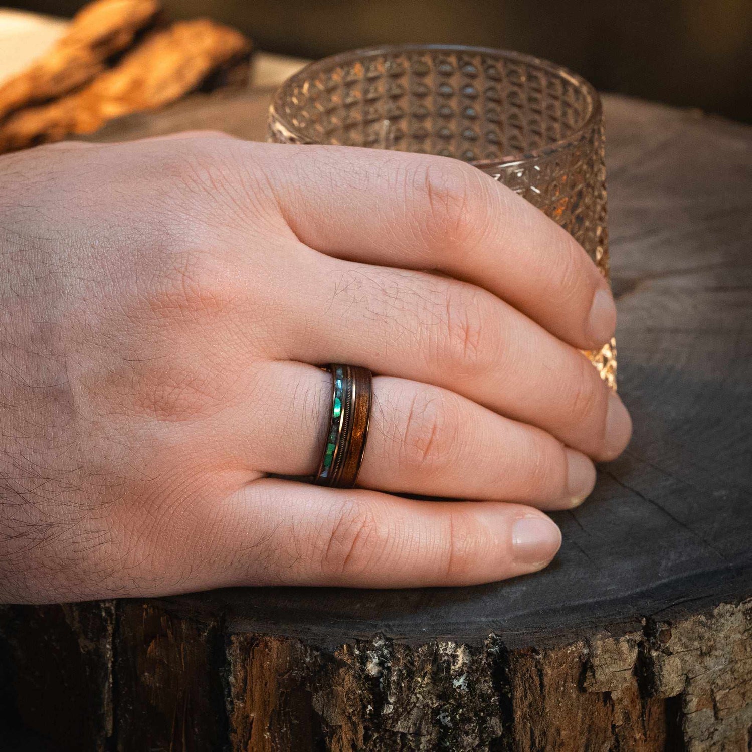 Guitar String x Abalone Shell x Hawaiian Koa Wood Rose Gold Tungsten Ring - DestGlow