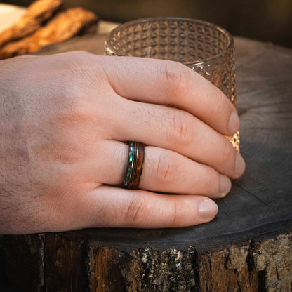 Guitar String x Abalone Shell x Hawaiian Koa Wood Rose Gold Tungsten Ring - DestGlow