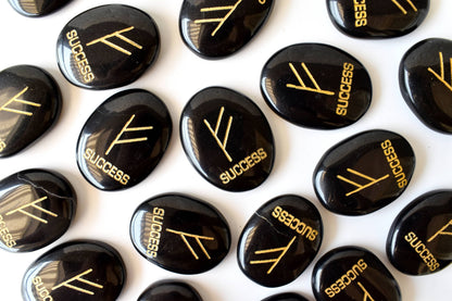 Natural Black Agate Flat Stones, Oval Engraved Success Crystals (Success and Goals)  DestGlow