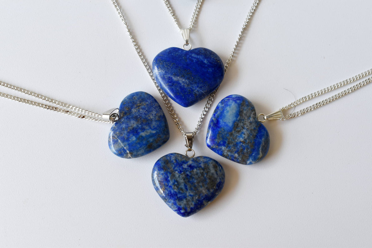 Real Lapis Lazuli Crystal Heart Pendant, Genuine Heart Shaped Necklaces.  DestGlow