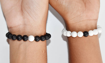 Black Onyx Matt Howlite Couple Bracelets, Anniversary Gift (Confidence and Balance)  DestGlow