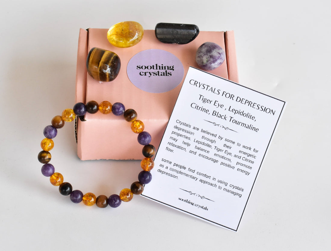 Soothing and Reducing DEPRESSION Crystal Kit, Gemstone Tumble Kit, Depression Crystal Gift Set  DestGlow