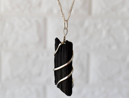 Black Tourmaline Raw Gemstone Pendant, Wire Wrapped Crystal Stone Pendant  DestGlow