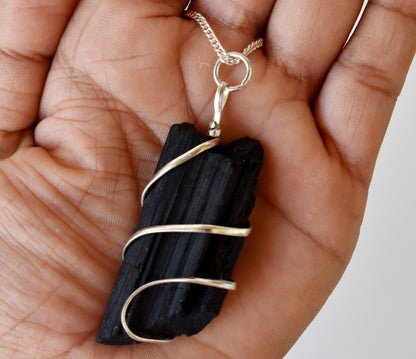Black Tourmaline Raw Gemstone Pendant, Wire Wrapped Crystal Stone Pendant  DestGlow