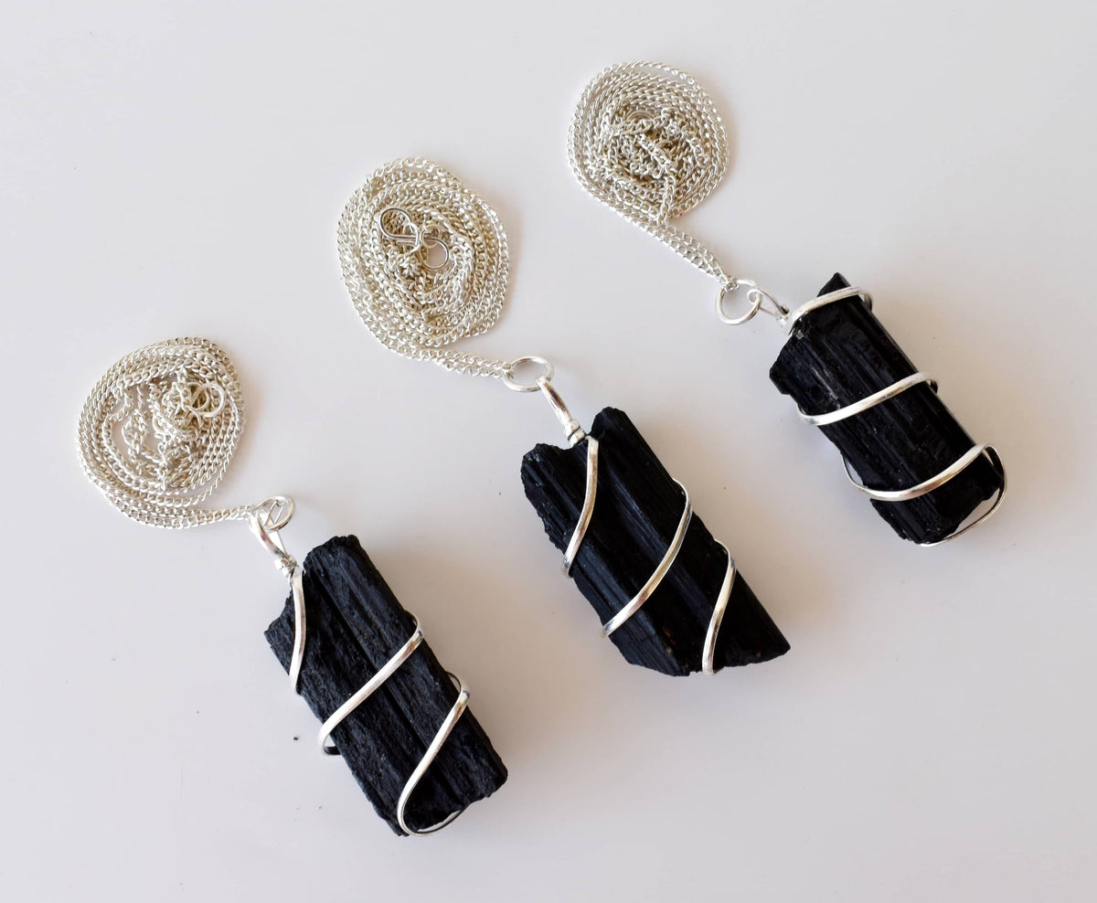 Black Tourmaline Raw Gemstone Pendant, Wire Wrapped Crystal Stone Pendant  DestGlow