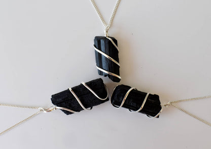 Black Tourmaline Raw Gemstone Pendant, Wire Wrapped Crystal Stone Pendant  DestGlow