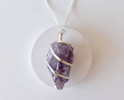 Amethyst Raw Gemstone Pendant, Wire Wrapped Crystal Stone Pendant  DestGlow