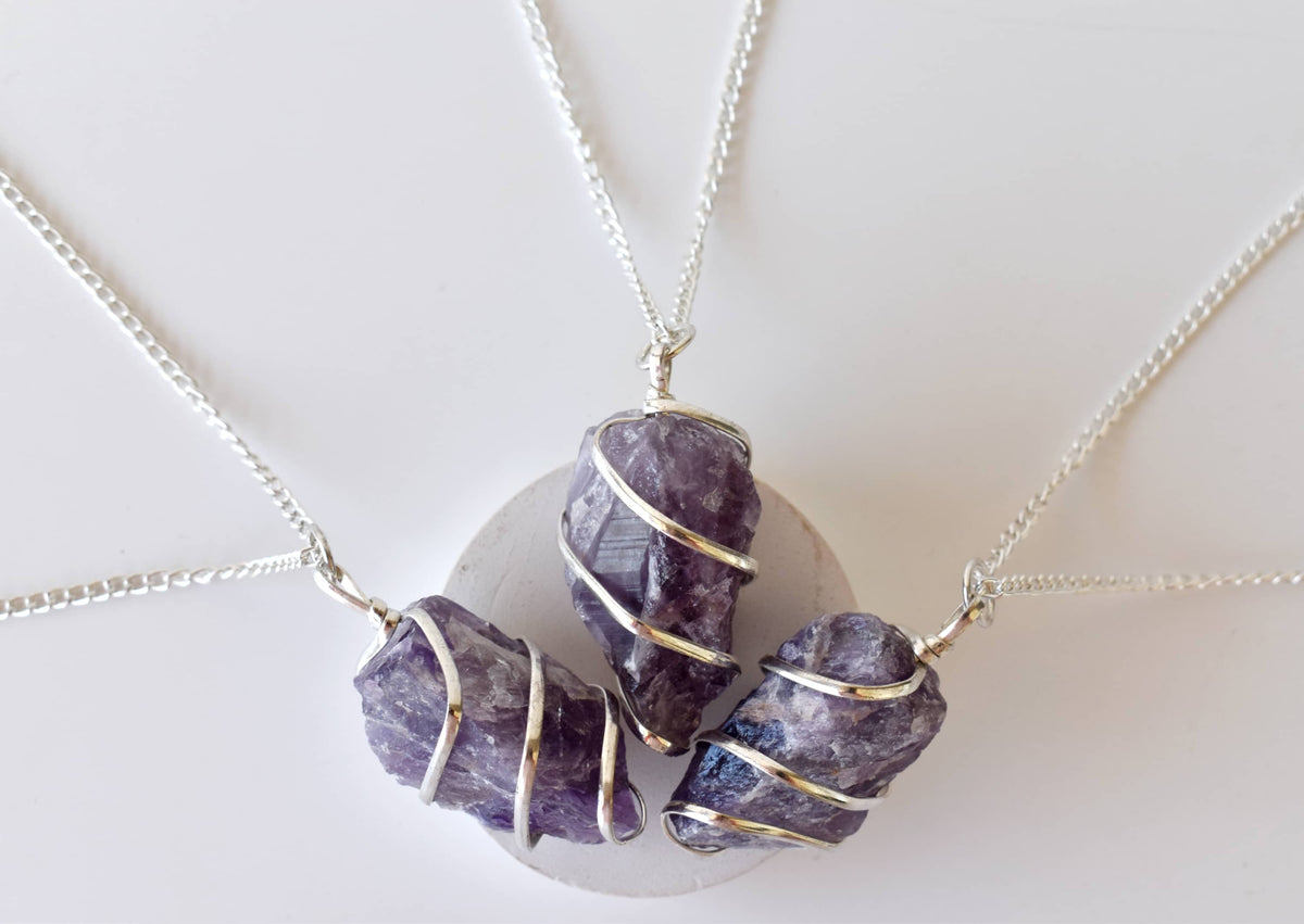Amethyst Raw Gemstone Pendant, Wire Wrapped Crystal Stone Pendant  DestGlow