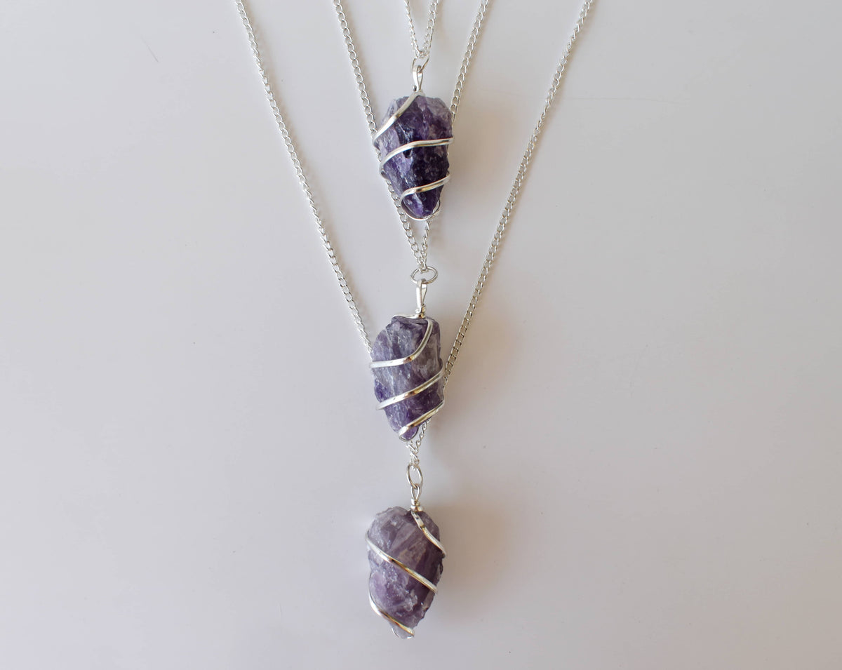Amethyst Raw Gemstone Pendant, Wire Wrapped Crystal Stone Pendant  DestGlow