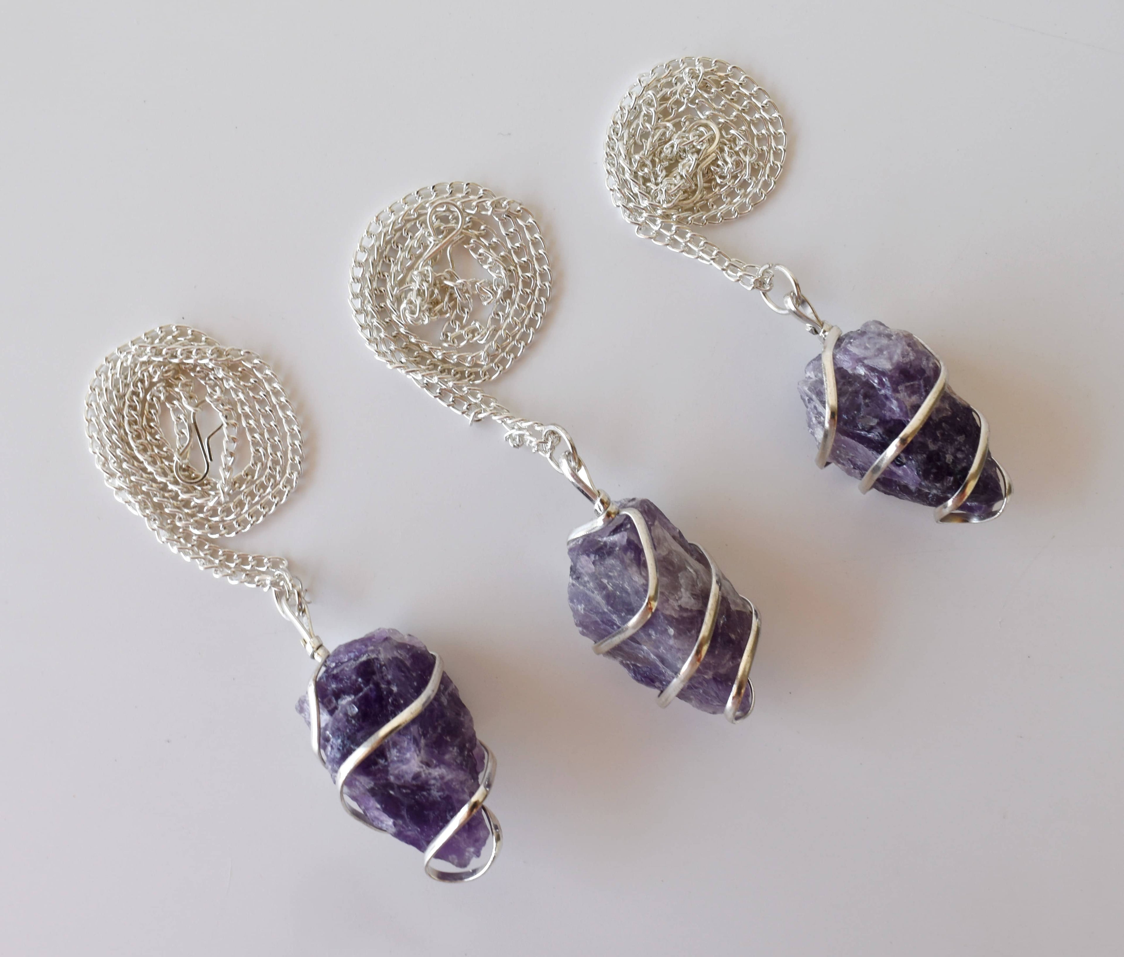 Amethyst Raw Gemstone Pendant, Wire Wrapped Crystal Stone Pendant  DestGlow