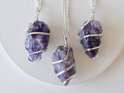 Amethyst Raw Gemstone Pendant, Wire Wrapped Crystal Stone Pendant  DestGlow