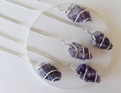 Amethyst Raw Gemstone Pendant, Wire Wrapped Crystal Stone Pendant  DestGlow